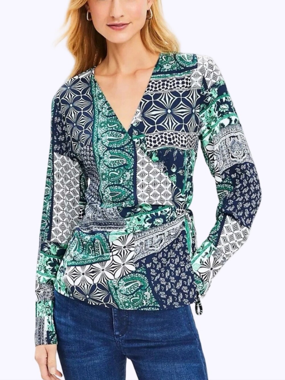 Loft Green Navy Patchwork Paisley V-Neck Long Sleeve Wrap Blouse Top‎ RN 140923